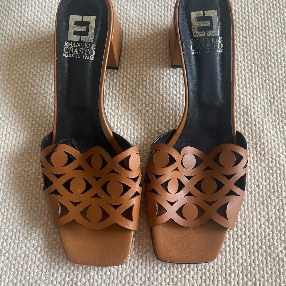 Emanuele Crasto Cognac Italian Leather Cutout Slides Block Heel 2.5” Size EU 41